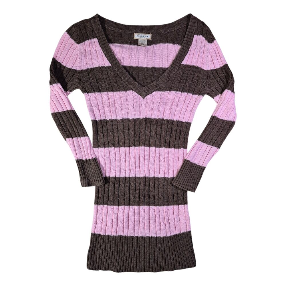 (Women's M) Arizona Jean Company Striped V-Neck Cable Knit Sweater